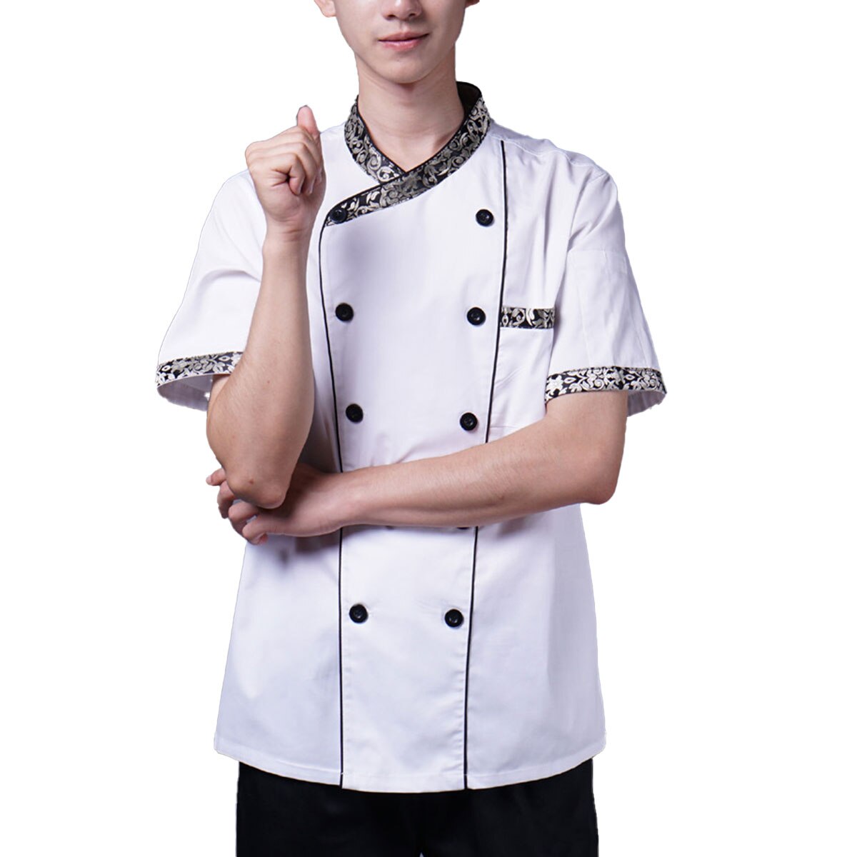 Chef Jacket Men Chef Coat Flower Print Collar Short Sleeve Chef Uniform Double Breasted Restaurant Kitchen Working Jacket: Black / XXL