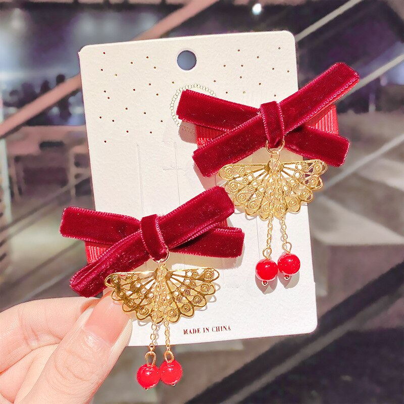Coreano veludo arco hairpins crianças tecido borla pérola grampos de cabelo artesanal moda jóias headpiece acessórios para o cabelo das meninas: 3