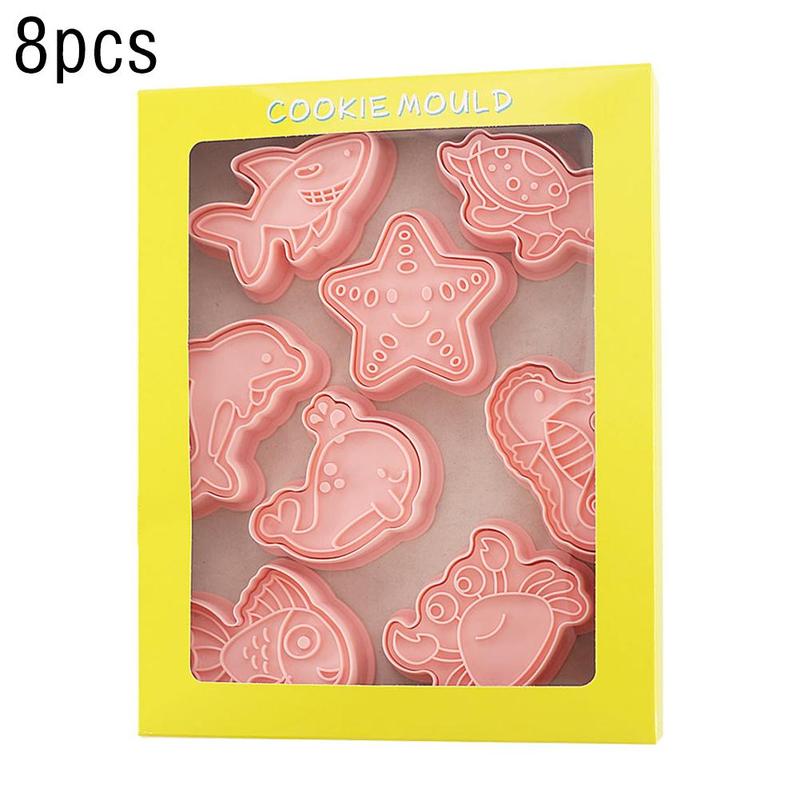 8 Stks/set Mariene Leven Cookie Cutters Plastic 3D Cartoon Pressable Biscuit Mold Cookie Stamp Keuken Bakken Gebak Bakvormen Tool: Default Title