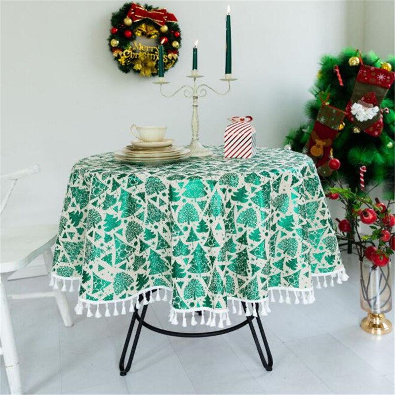 Round Linen Tablecloth Christmas Table Cloth Desk Cover Table Decoration Christmas Decor Decorations for Home Mantel De Navidad: green / 150cm