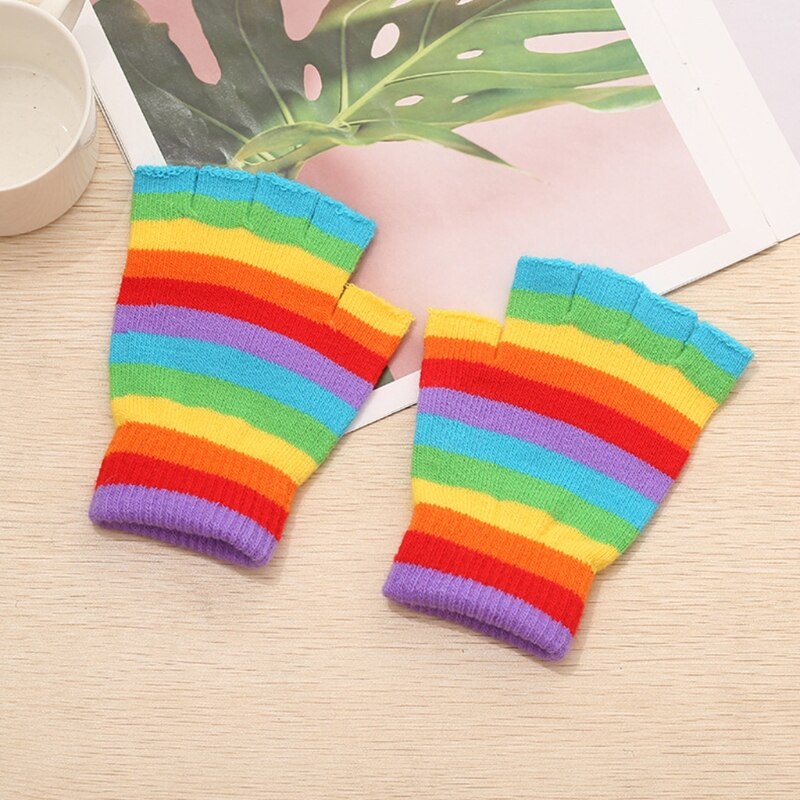 Unisex Half Finger Gloves Rainbow Colored Winter Stretchy Knit Fingerless Typing Gloves for Office School Students