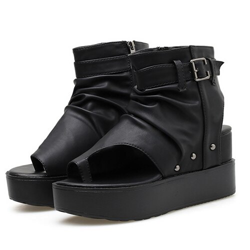 Gdgydh Neue Sommer frauen Sandalen Plattform Keil Pumps Schuhe Für Sommer gucken Zehe Sandalen Schnalle Reißverschluss: Schwarz Schuhe / 8,5