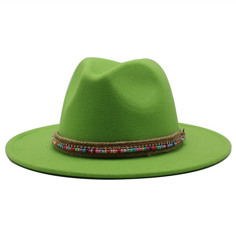 Herr kvinnor bredbrättad ullfilt fedora panama hatt med bältesspänne jazz trilbykeps fest formell topphatt i vitt,svart.rosa: Grön