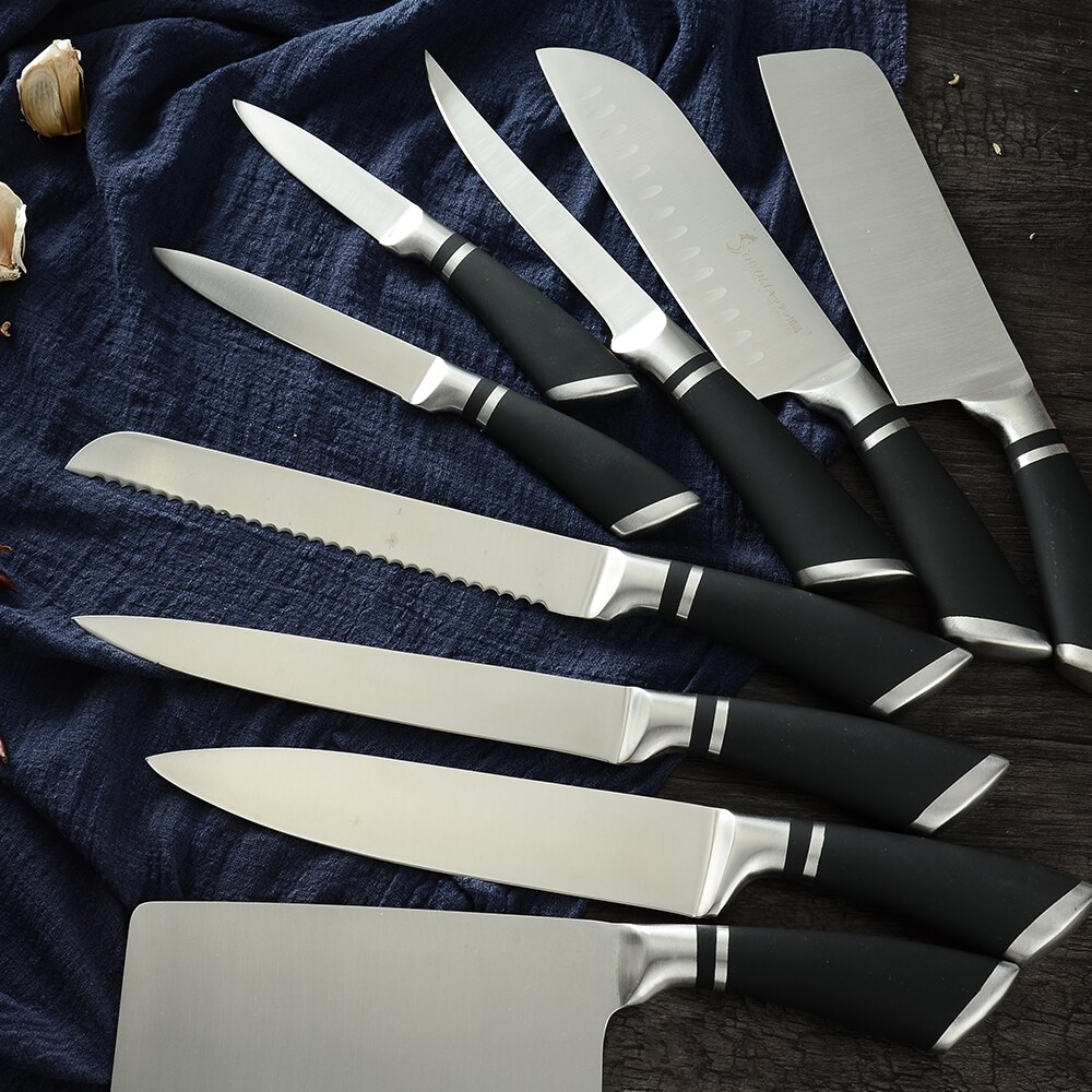 Xyj japansk 9 stk rustfritt stål kniver sett 3 cr 13 rustfritt stål kokke kniver sett hakke santoku nakiri skjære skjærekniv