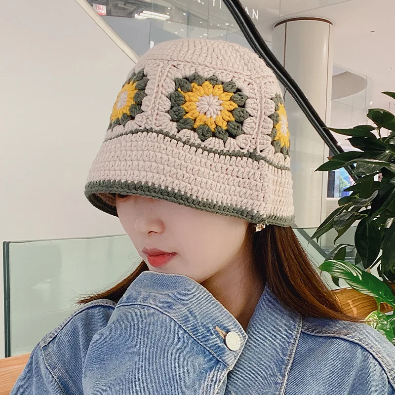 INS Korea Handmade Crochet Bucket Hats for Women Y2k Vintage Summer Beach Hat Flower Hollow Knitted Bob Sombreros Bonnet Caps
