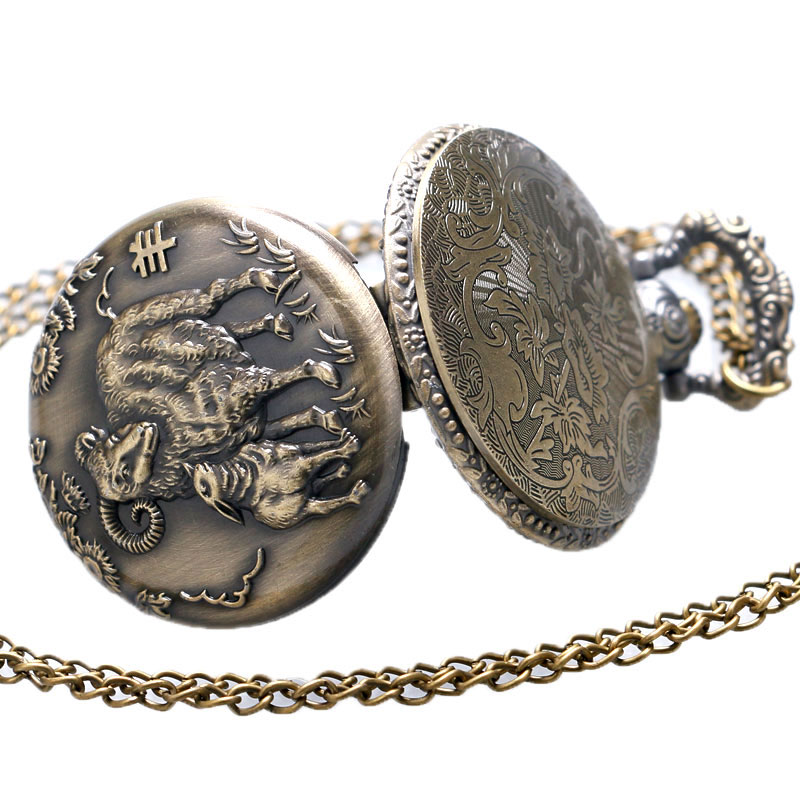 YISUYA Antique Chinese Zodiac Goat Quartz Pocket Watch Necklace Pendant Birthday Men Women Boy Girl Kid Bronze Steampunk