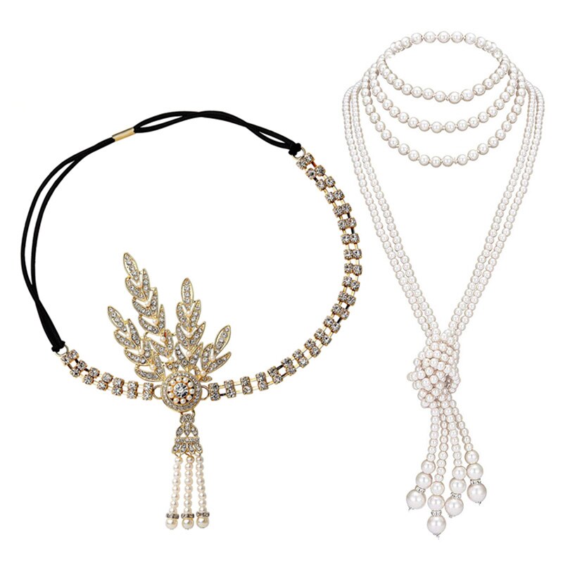 Great Gatsby Accessories Set for Women 1920s Flapper Pearl Necklace Headband Leaf Headpiece Party Costume Jewelry: gold B