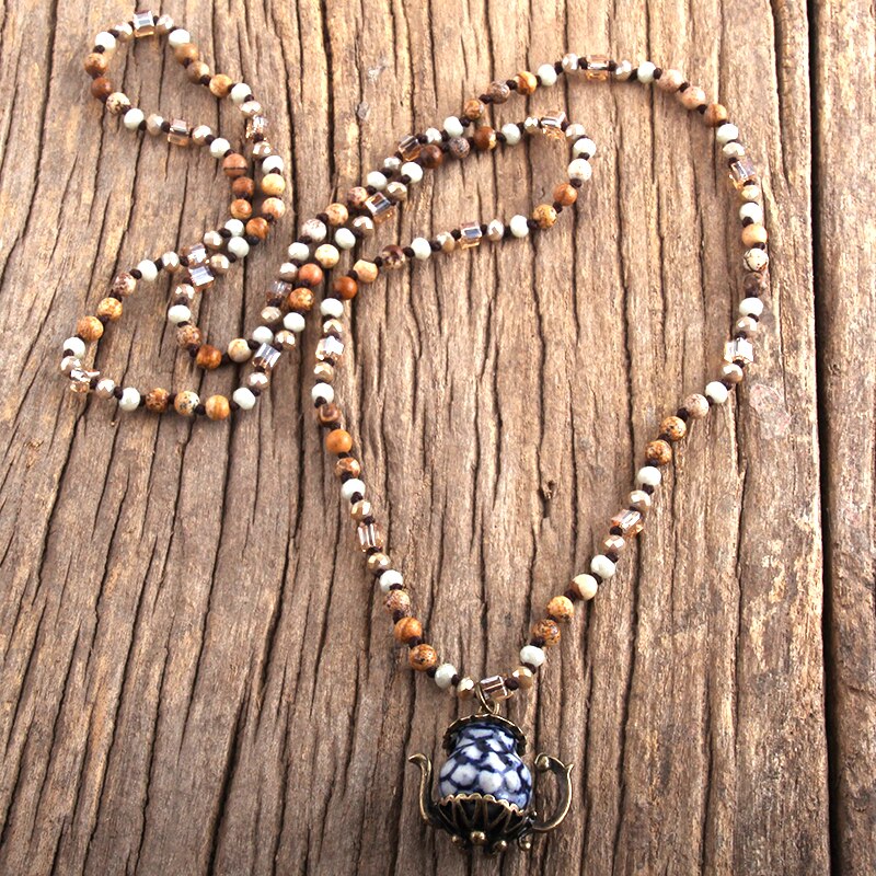 RH Boho Schmuck 4mm Natürliche Steine Porzellan Teaport Anhänger Halsketten