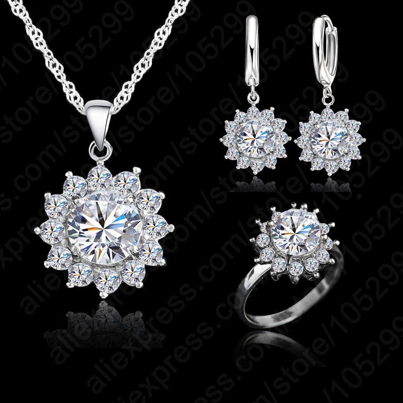 Flower Sun Cubic Zirconia Newest Genuine Silver Jewelry Sets Earrings Pendant Necklace Rings Size6-9