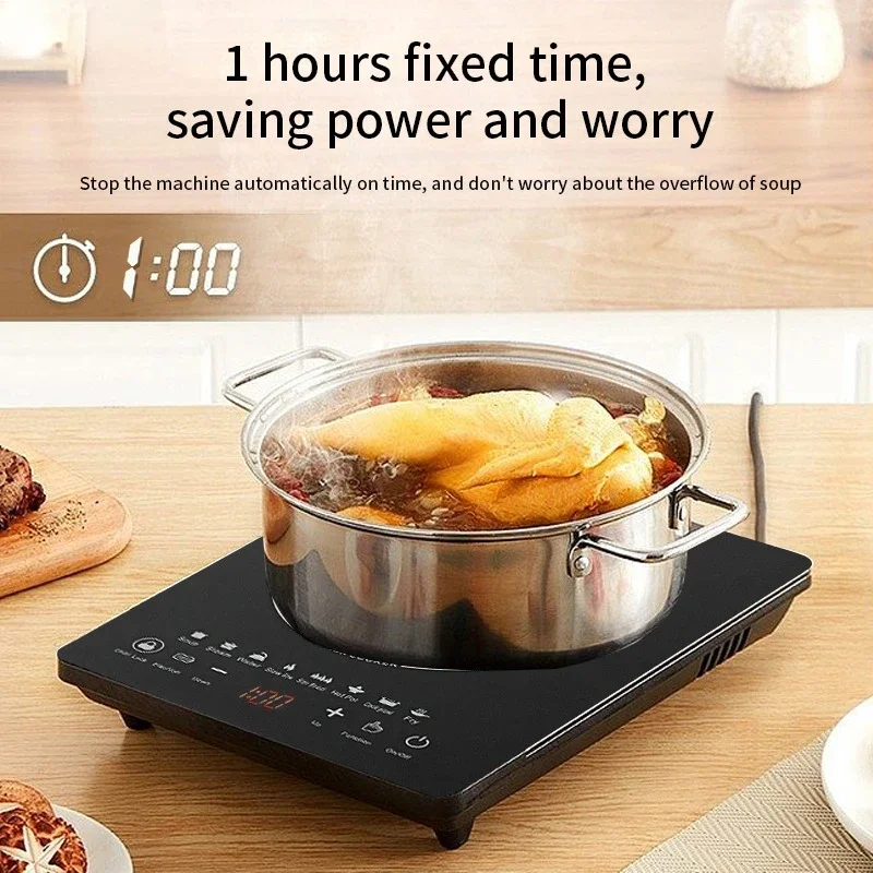 Estufa de inducción multifuncional para cocinar en casa, 110V ~ 220V, Control táctil, 2200W, cocina de inducción inteligente temporizable y ahorradora de energía