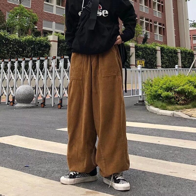 Pantalones de pana para hombre, ropa de calle informal de gran tamaño, estilo Retro, holgado, Hip-hop, de pierna ancha, color marrón y negro: XXXL / Khaki