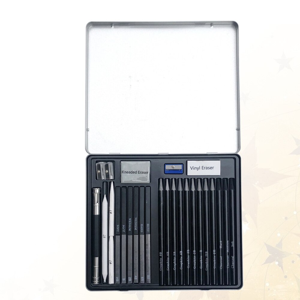32 Pcs/1 Set Iron Box Sketch Pencil Eraser Kit Sketching Drawing Pencils Tools for Students School (Black)