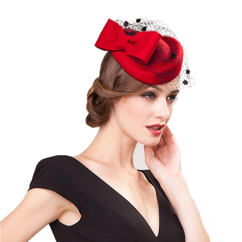 Fs sort hat til kvinder slør vintage uldfilt pilleæske hatte fascinator dame rød bryllup cocktail hatte sløjfe derby fedora