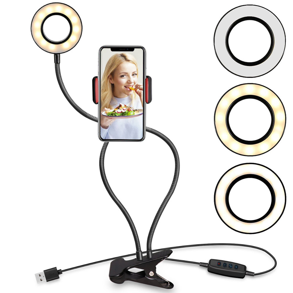 Led Video Fotografie Selfie Ring Licht Dimbare Licht Clip Desktop Licht Verlichting Met Telefoon Houder Usb Ring Lamp Make Selfie