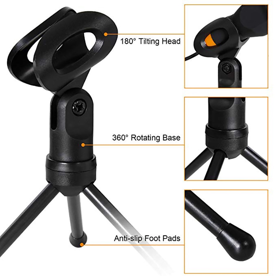 Handheld Microphone With Stand Tripod 3.5mm Jack Wired Sound Stereo Mic For Desktop PC
