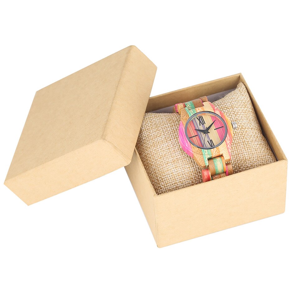 Reloj de madera de bambú multicolor para mujer, cuarzo, pulsera de madera completa para mujer, cierre plegable, reloj de madera para mujer: with box