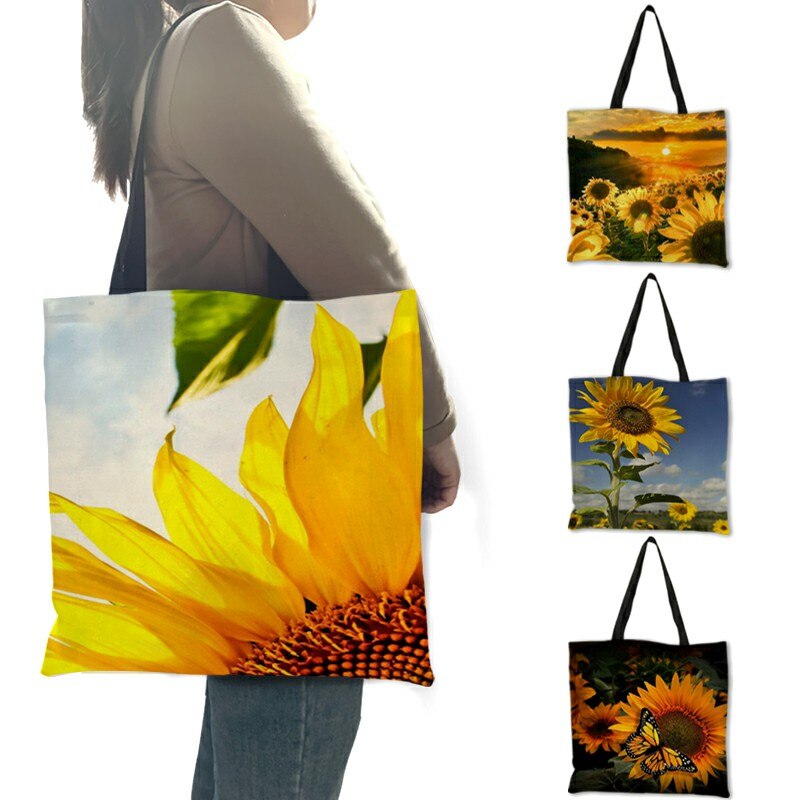 Opvouwbare Herbruikbare Boodschappentassen Voor Vrouwen Mooie Zonnebloem Print Linnen Tote Bag Student School Reizen Schoudertassen Pouch