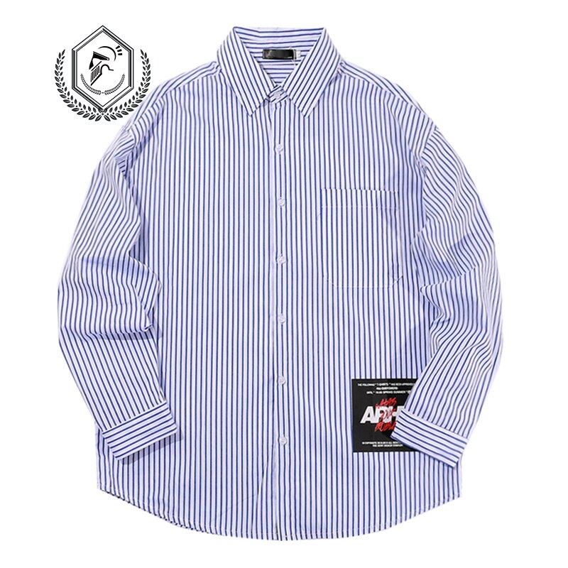 Men Loose Stripe Print Casual Hip Hop Shirts: White / XL 75kg 85kg