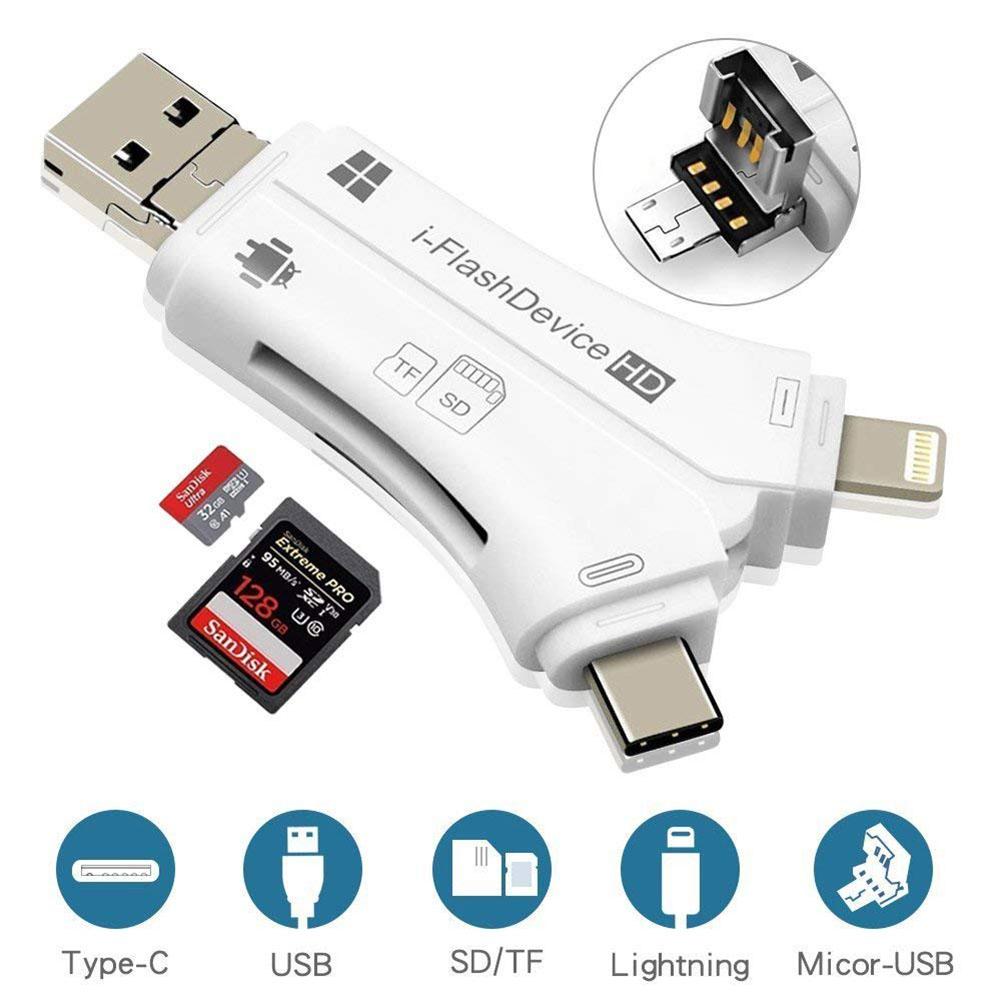 4 In 1 Multifunctionele Telefoon/Micro Usb/Usb Type-C/Usb Sd Otg Kaartlezer Voor iphone Ipad Mac & Android Sd & Micro Sd Pc Camera: white