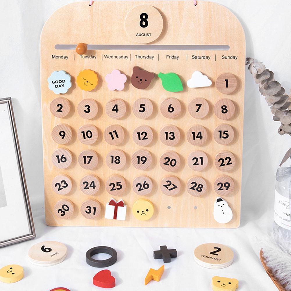 Calendario de pared de madera para niños, calendario con fecha, tiempo, aprendizaje activo, tiempo en familia, juguetes para niños en casa N9R6