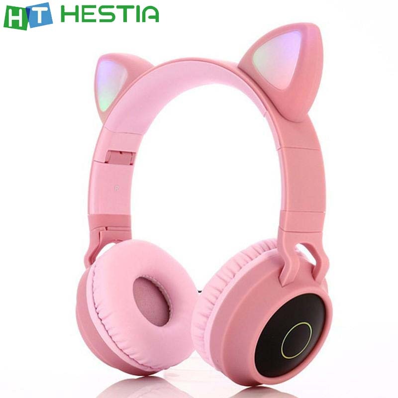 BT028C Bluetooth 5.0 casque sans fil pliable LED oreille Flash mignon rose écouteurs avec Microphone mains libres pour