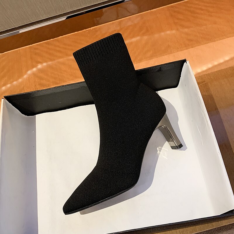 Aphixta botas curtas mulheres outono malha meias de tecido botas elásticas saltos finos finos magros botas de salto alto meias bota