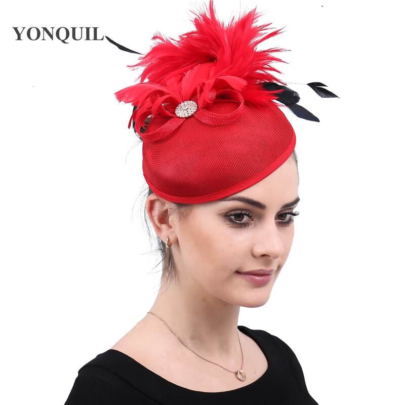 Imitation sinamay wedding bride hat red fascinators for women party dinner headpiece with hair aclip bridal headwear
