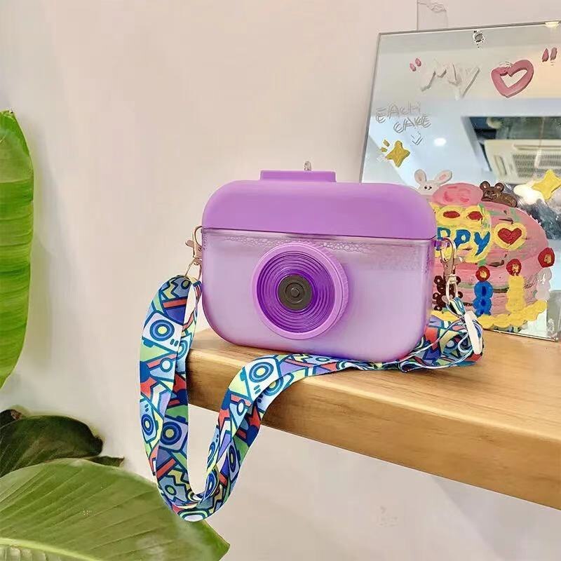 Unieke Camera Vorm Stro Cup Leuke Plastic Waterfles Met Bandjes Kawaii Draagbare Vruchtensap Drinkbeker Voor Kid/meisje/Volwassen