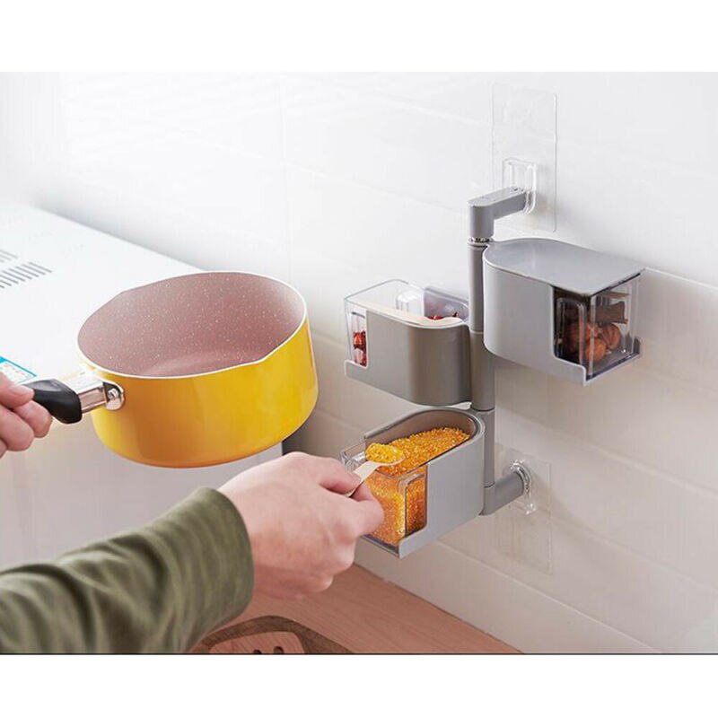 Boîtier mural à 4 couches pour assaisonnement | Cuisine, bouteilles, bocaux boîtes, couvercle à épices en plastique, canette de sucre, couches de stockage, organisateur boîte accessoires