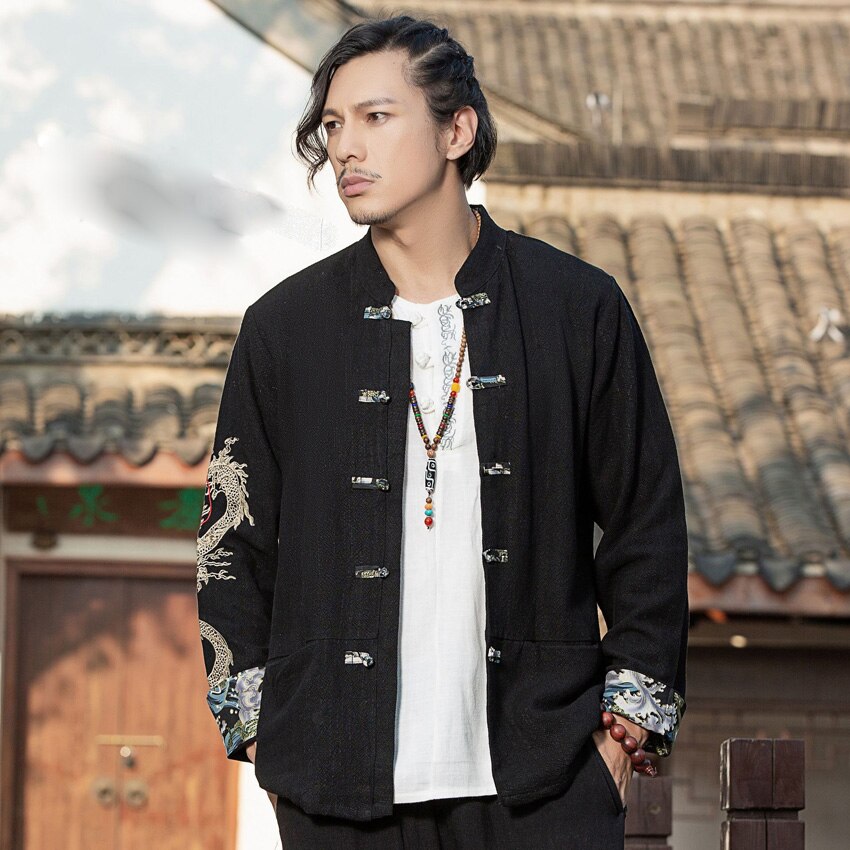 Ropa tradicional china para hombres, camisa bordada de dragón de Kung Fu Hanfu, botón de manga larga, Estilo negro, de talla grande, ocio