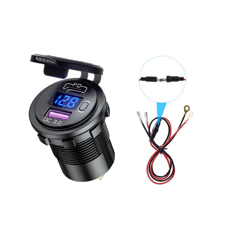 Waterdicht Type C Pd QC3.0 Usb 12V Auto Snelle Auto-oplader Met Led Voltmeter Op Uit Schakelaar Kabel Voor truck Motorfietsen Mari: 6