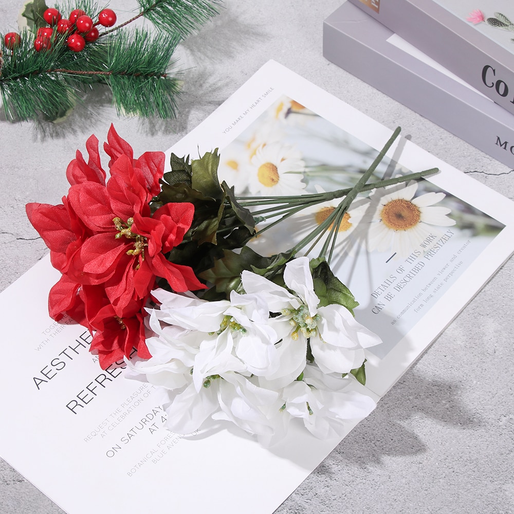 7 Heads/bunch Artificial Christmas Flowers Real Touch Flannel Red Poinsettia Bushes Bouquets Xmas Tree Ornaments Centerpiece