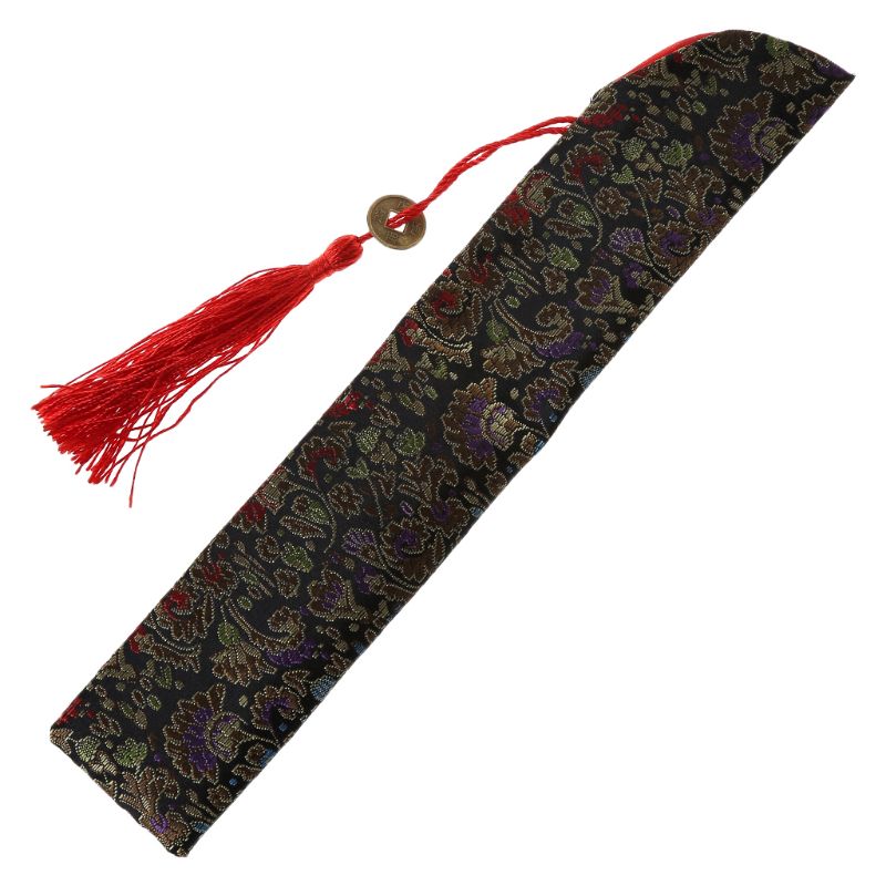 Silkefoldning kinesisk hånd fan taske med kvast støvtæt holder beskyttelsespose taske cover retro stil  e15b: Sort