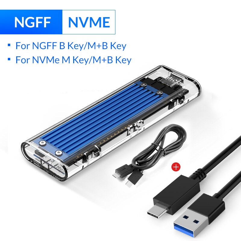 Orico Dual Protocol M.2 Ssd Case Ondersteuning M2 Nvme Ngff Sata Ssd Schijf Voor Pcie M Key B + M key Usb C 10Gbps Harde Schijf Behuizing: Transparent Blue