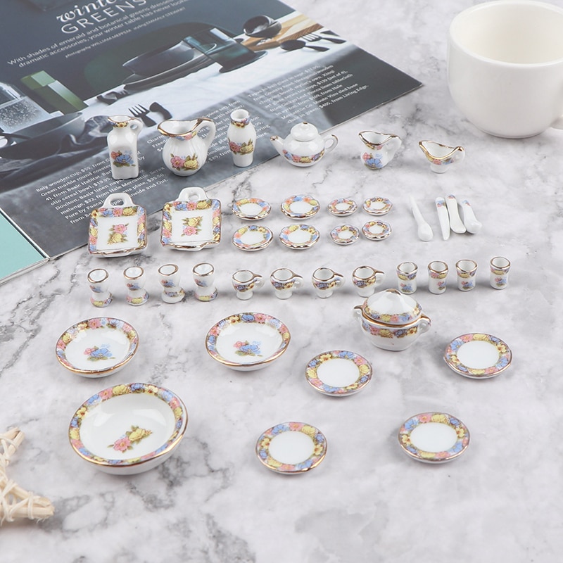 40Pcs 1:12 Dollhouse Miniature Tableware Porcelain Ceramic Tea Cup Dishes Set
