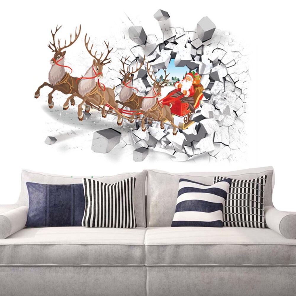 Christmas Wall Stickers 3D Santa Claus Reindeer Car Removable Wall Decals for Bedroom Living Room Restaurant Office Dec