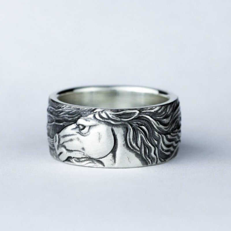 Vintage 925 Thai Silver Horse Carving Finger Rings Punk Style Antique Animals Ring for Women Ladies Party Retro Jewelry
