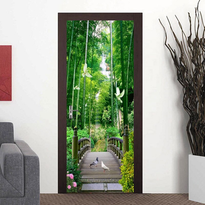 Waterproof Self-Adhesive Door Sticker Bamboo Forest Wooden Bridge Pigeon 3D Photo Wallpaper for Living Room Bedroom Door Mural