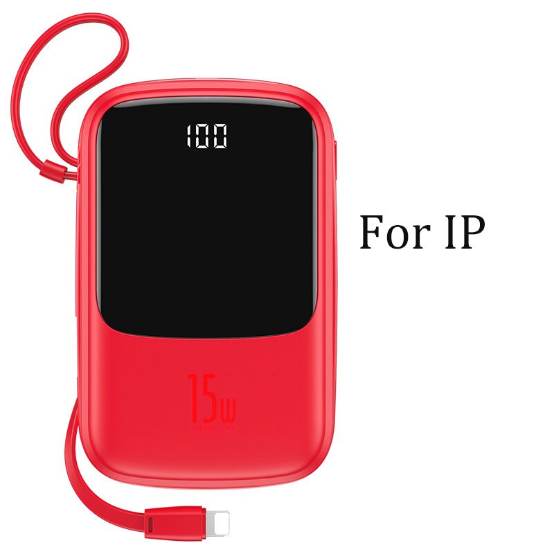 Baseus 10000mAh Mini Power Bank Built in Cables PowerBank External Battery Charger For iPhone 12 11 Pro Xiaomi Samsung Huawei: Red with iP Cable