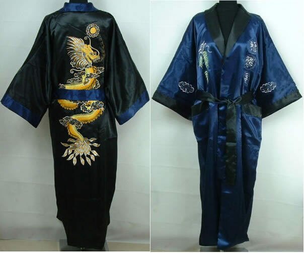Robe de bain en Satin de soie pour homme, Kimono brodé, Dragon, bleu marine