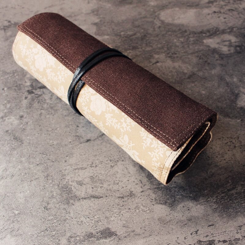 7.5 inch Antiquity Pencil Case Pen Wrap Double Tassel Ocean Wave Printing Sea Cliff Coffee Flower 4/7/10 Slots Clear Pattern: 10Slots CoffeeFlower