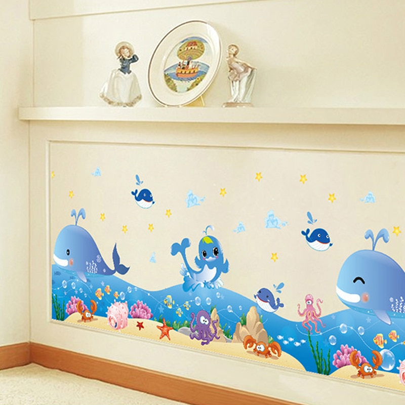 DIY Cartoon Blue Ocean Dolphin Marine Border Stickers Room Baseboard Kids Bedroom Waterproof Bathroom Tub Decoration Decals