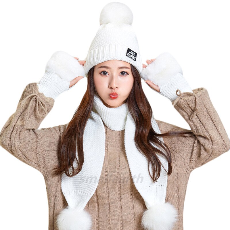 Vrouwen Hoeden Sjaal Handschoen Drie Stukken Sets Winter Gebreide Muts Sjaal Vrouwen Gorros Casual Lange Sjaal Chapeu Feminino bone: white