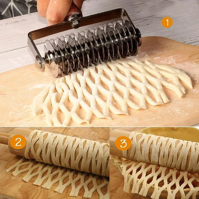 Stainless Steel Pastry Lattice Cutter Dough Cookie Pie Pizza Bread Pastry Roller Cutter with Wood Handle Pasta Tool DIY Bakeware