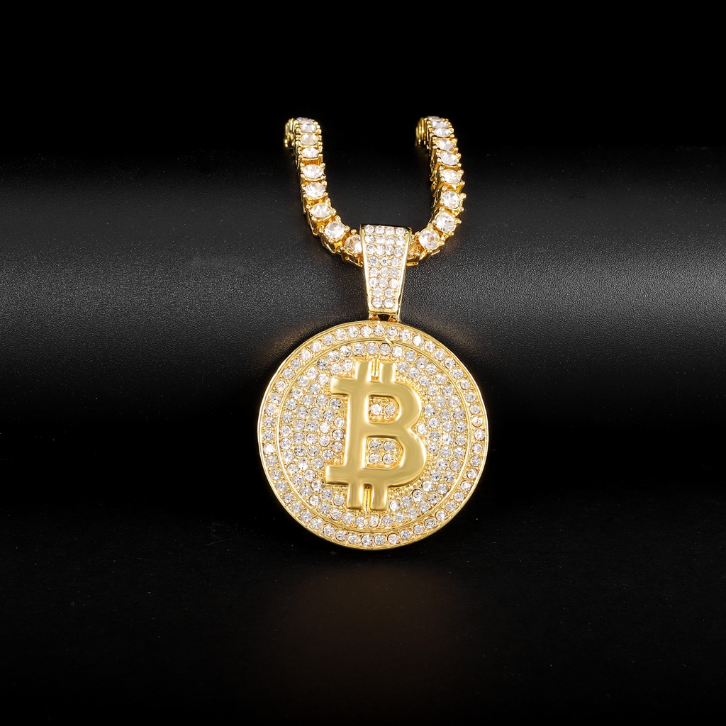 Novo iced para fora bitcoin pingente colar com 4mm corrente de tênis iced para fora bling corrente colar para homem strass cubano link chain: gold tennis / 20inch