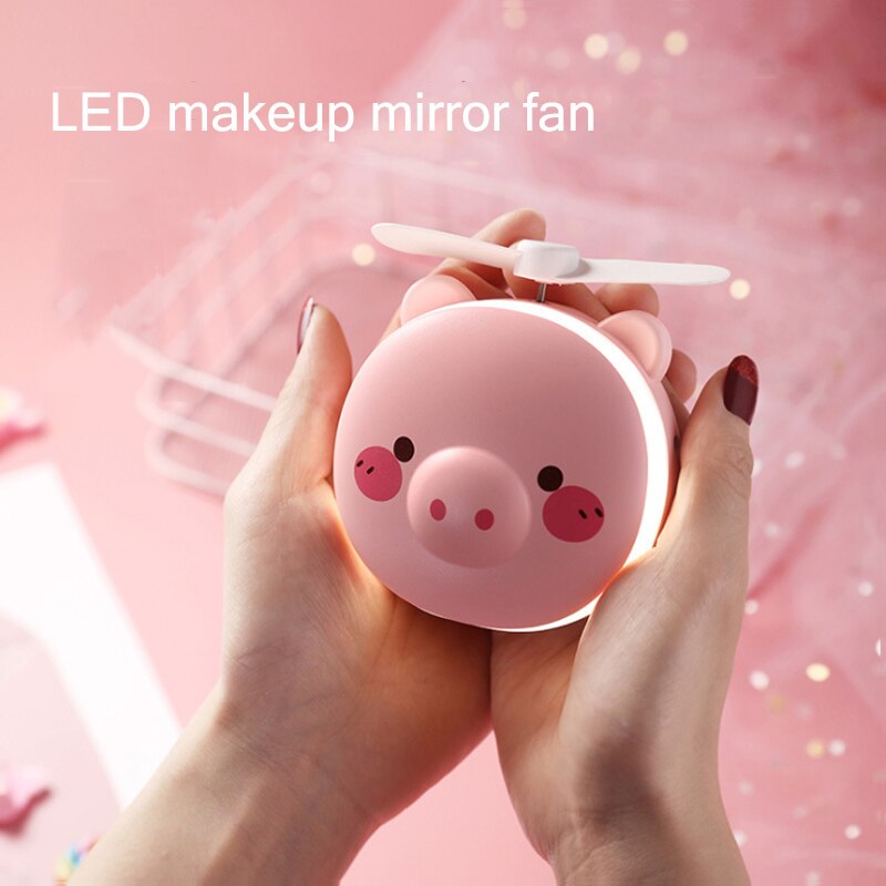Vibrating Sound With The Pink Pig Beauty Mirror Portable Small Fan USB Charging Mini Handheld LED Fill Light Makeup Mirror