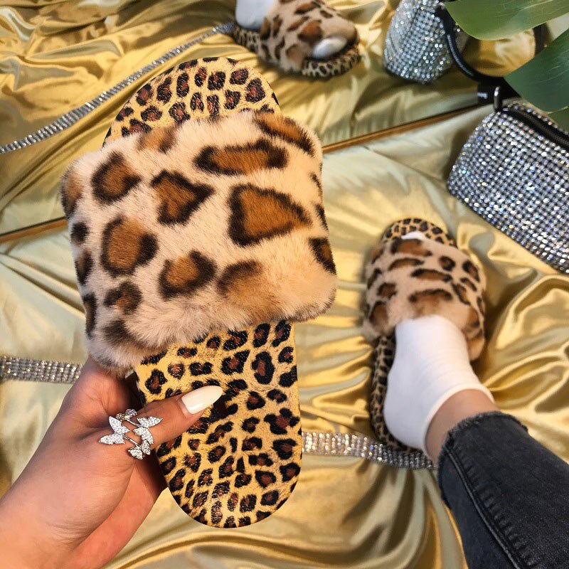 Kvinnor tofflor dam våren plysch öppen tå leopard plattor skor kvinnlig avslappnad komfort plattform toffel kvinna sko: Leopard / 8.5