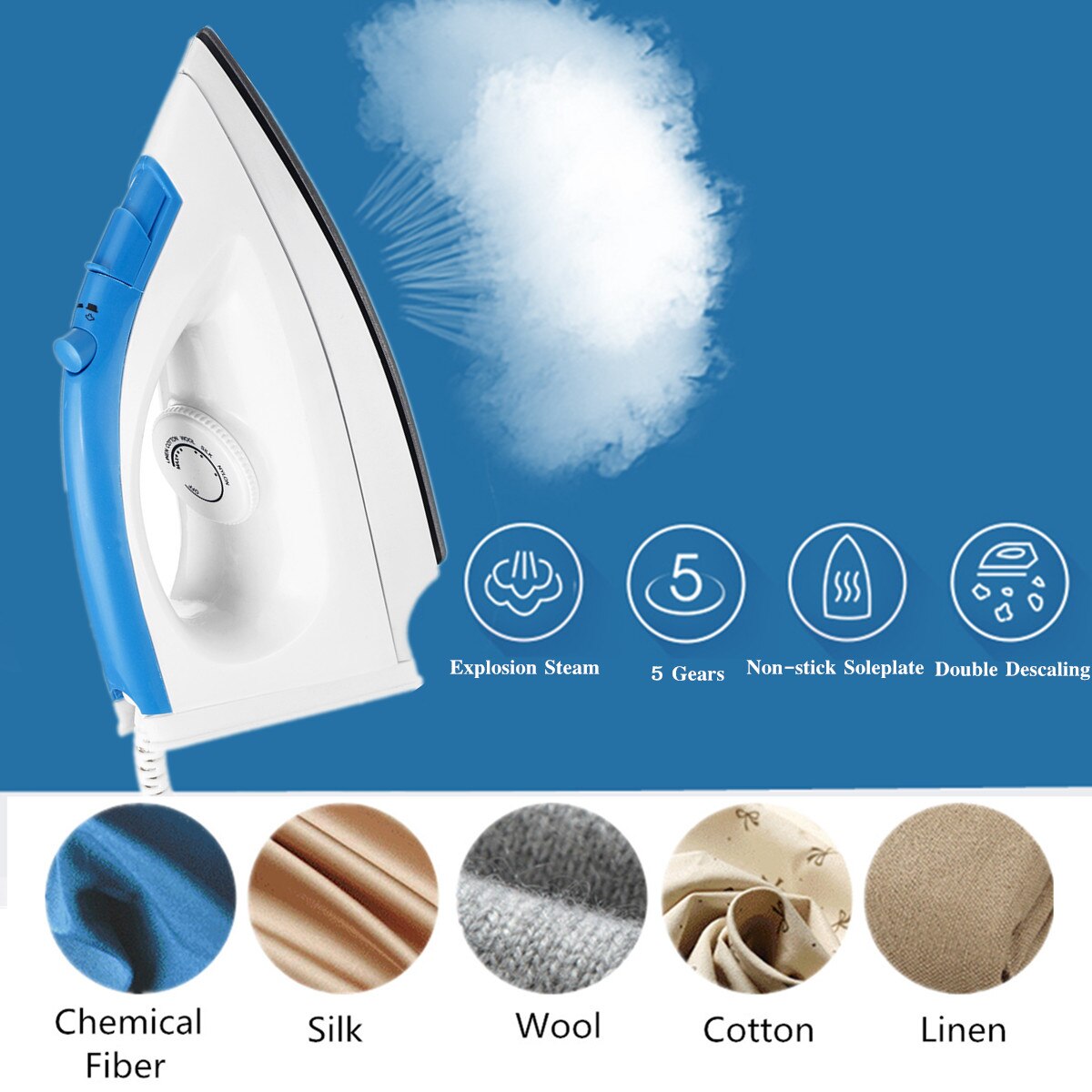 1200W Electric Steam Iron 5 Speed Adjustable Clothes Ironing Steamer Portable Ceramic Soleplate Garment Steam Generator