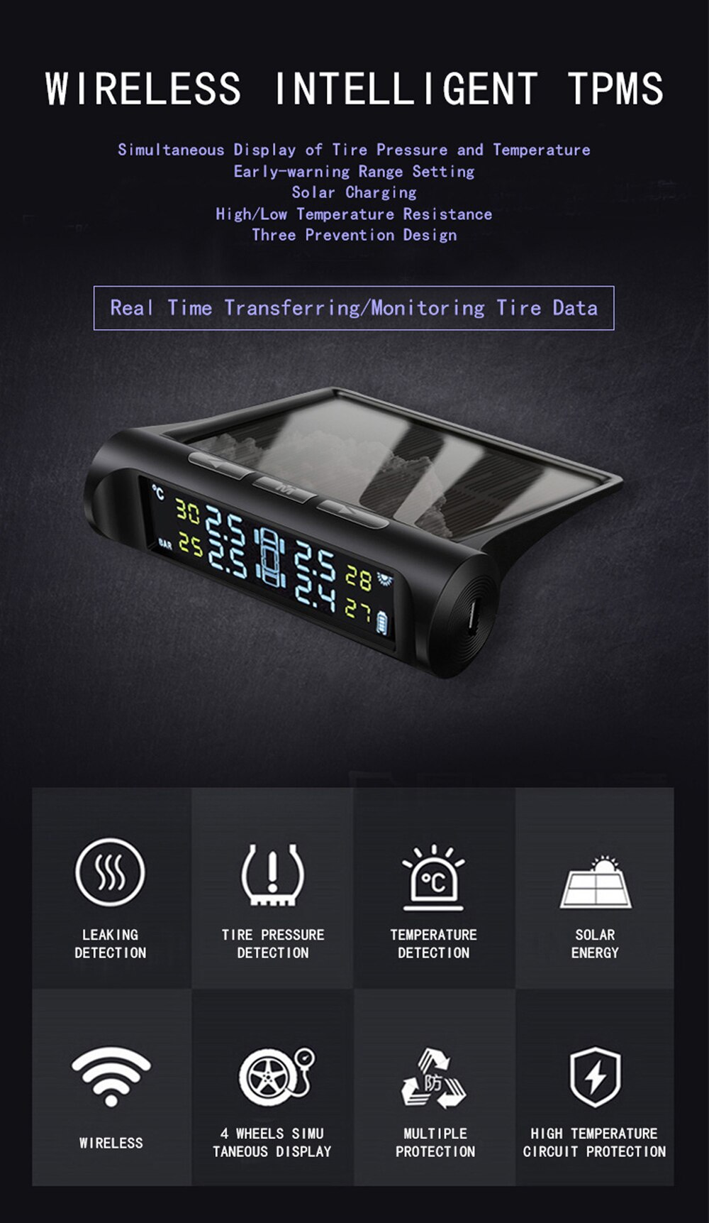Voice Announcements LCD Tire Pressure Alarm Monitoring System Tyre Temperature Warning Digiral Smart Car TMPS USB & Solar Power