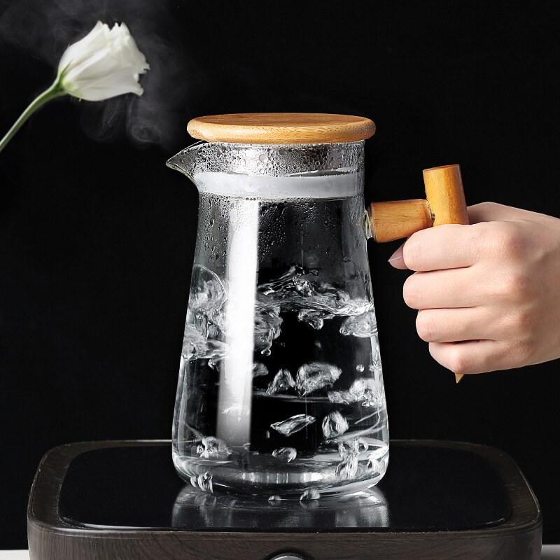 Glas kallvattenkokare glaskanna med trähandtag lock tekanna för tevatten fruktjuice 950ml